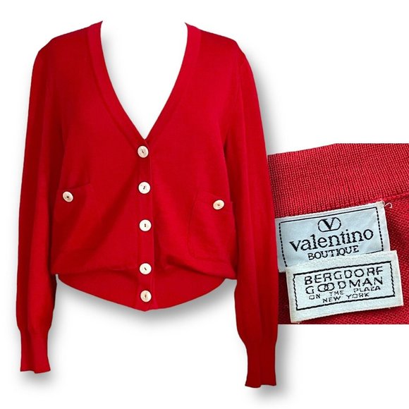 Valentino Sweaters - Valentino Womens Red Cardigan Sz M Vintage 80s Luxury Wool Knit Blouson Sweater